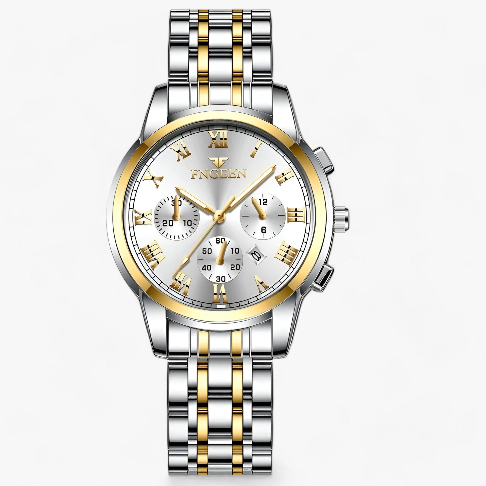 Luxus Herrenarmbanduhr, silber-gold, Edelstahl, Chronograph, römische Ziffern, stilvoll.