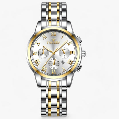 Luxus Herrenarmbanduhr, silber-gold, Edelstahl, Chronograph, römische Ziffern, stilvoll.
