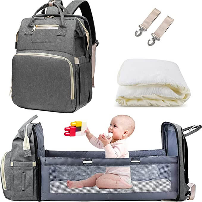 Omdannelig puslerygsæk til baby med sammenklappelig babyseng – vandtæt design med flere lommer