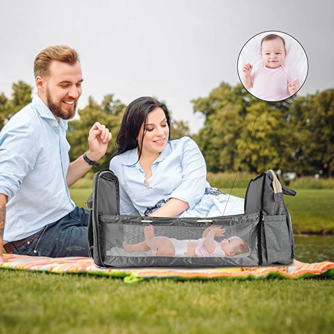 Omdannelig puslerygsæk til baby med sammenklappelig babyseng – vandtæt design med flere lommer