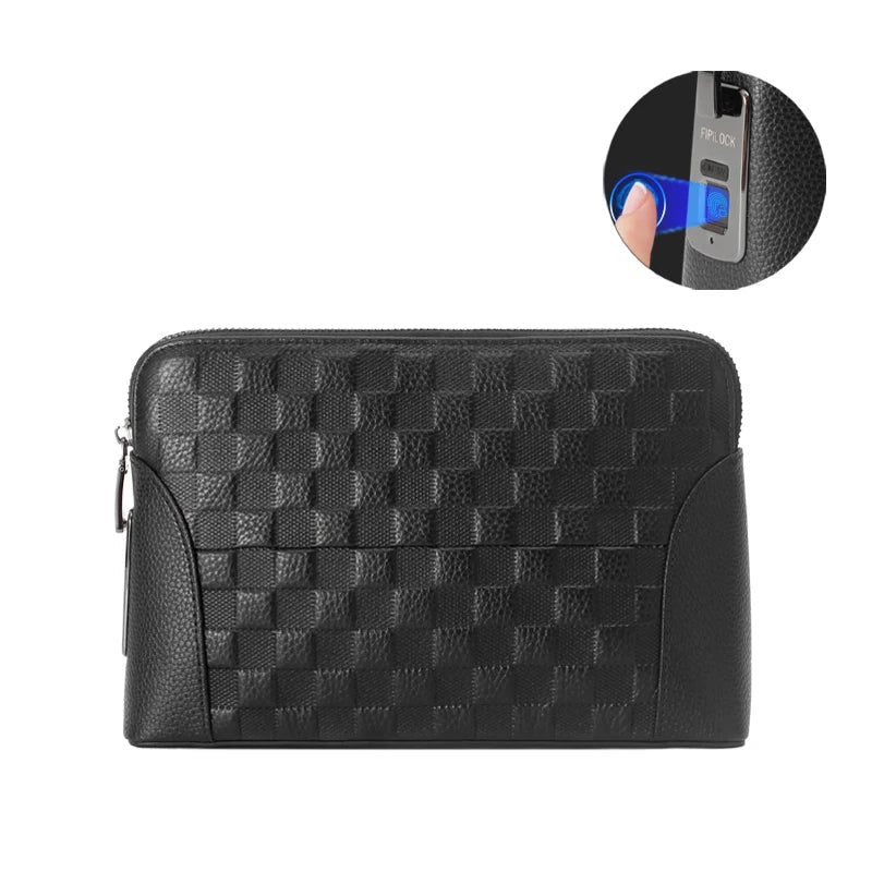 Læderhåndtaske til mænd med fingeraftrykslås – tyverisikret clutch og pung
