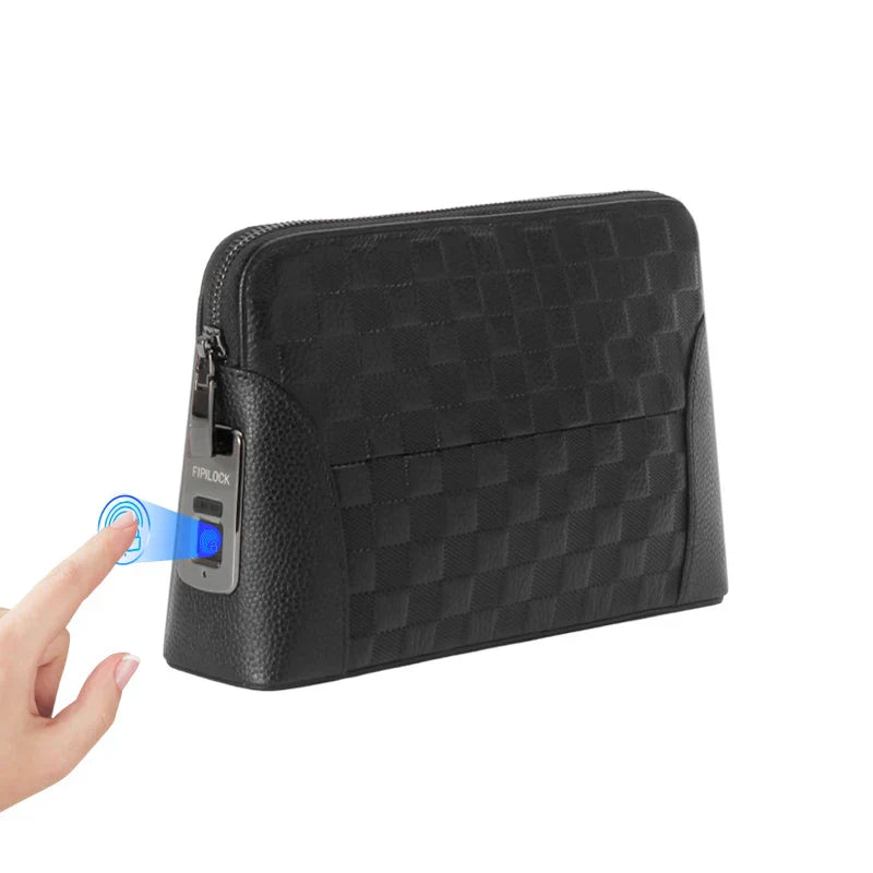 Læderhåndtaske til mænd med fingeraftrykslås – tyverisikret clutch og pung