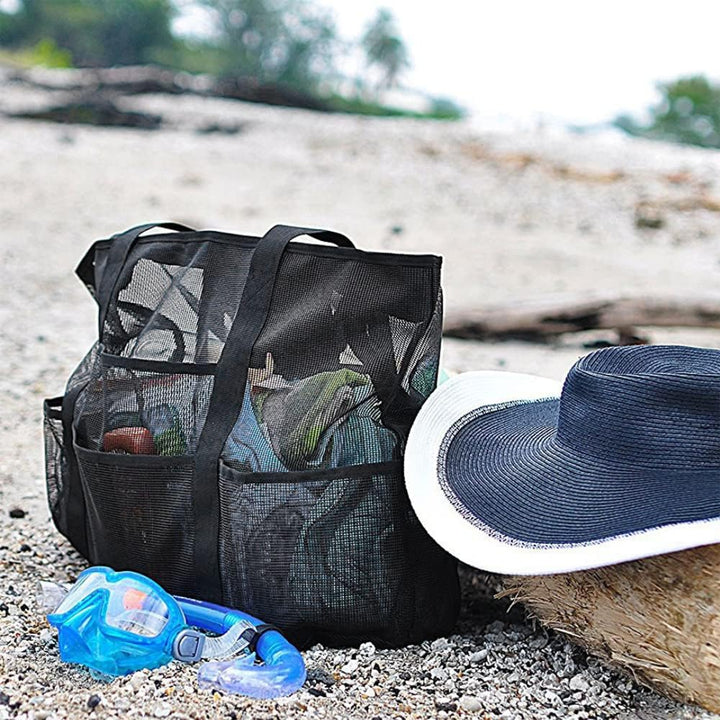 Foldbar mesh-strandtaske med 9 rum til familiedage