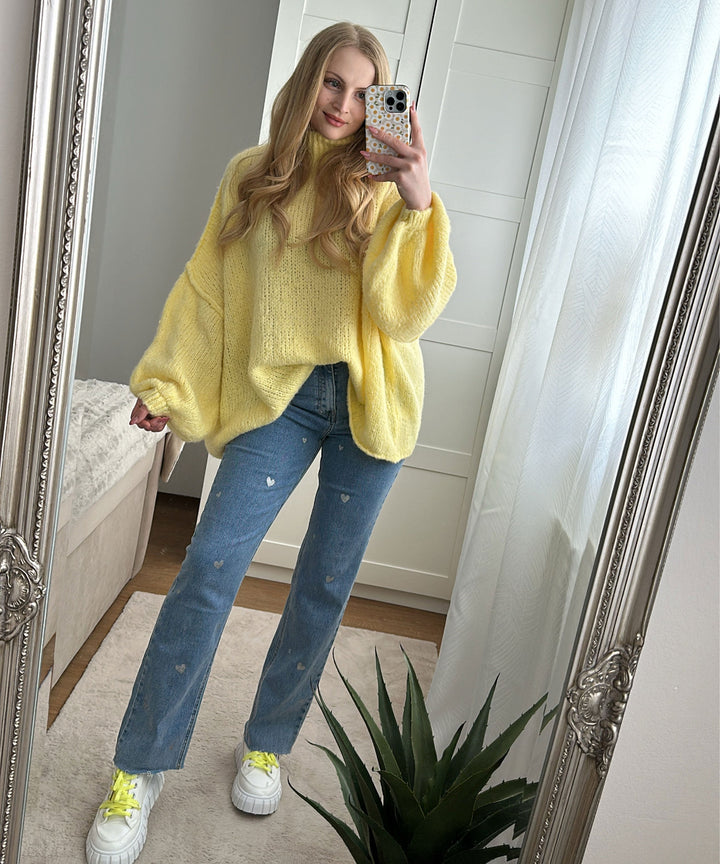 Damer stretchjeans med vide ben og hjerteprint - Amelie