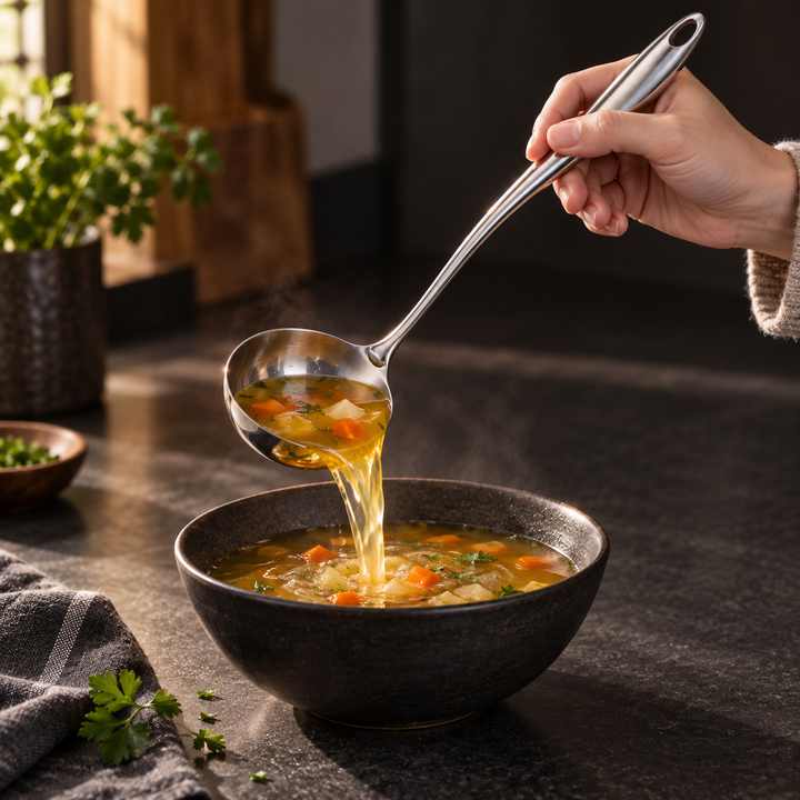 Hånd øser grøntsagssuppe fra en skål med øsen, mens der stiger damp op fra suppen. 12