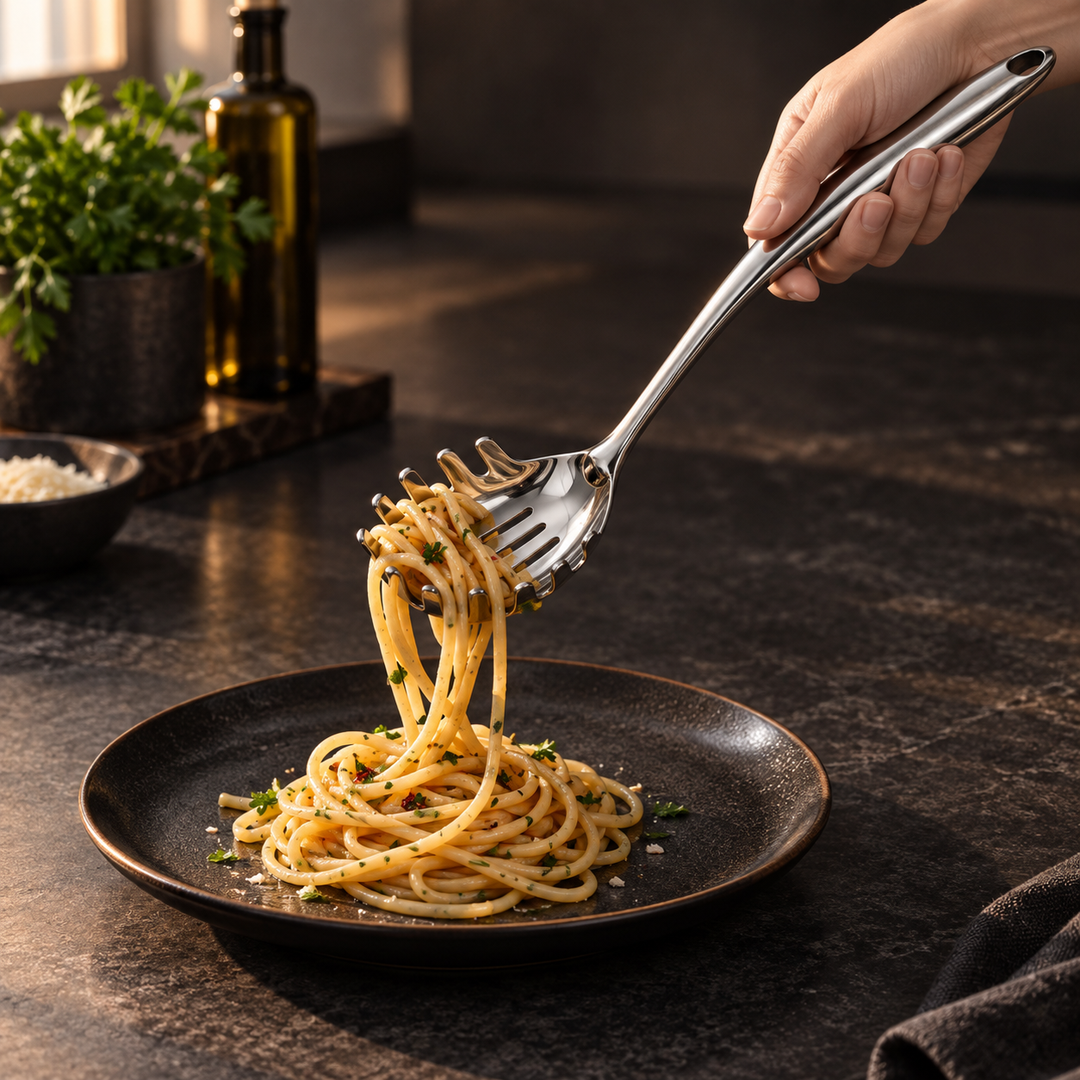 Hånd løfter spaghetti op med pastaskeen over en mørk tallerken med persille og parmesan i baggrunden. 11