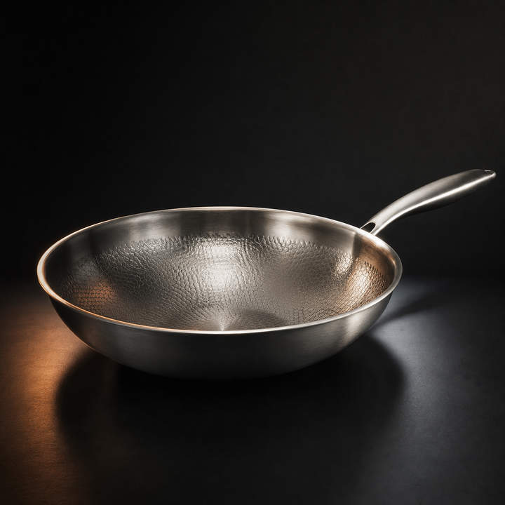 Tom wok med hamret mønster indvendigt og børstet metalhåndtag, set skråt fra siden mod mørk baggrund. 1