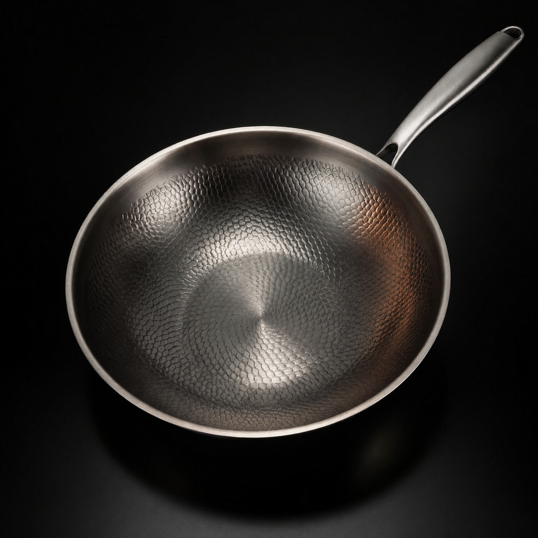 Wokken set ovenfra, så det hamrede mønster i hele den tomme pande og det lange håndtag tydeligt ses. 2
