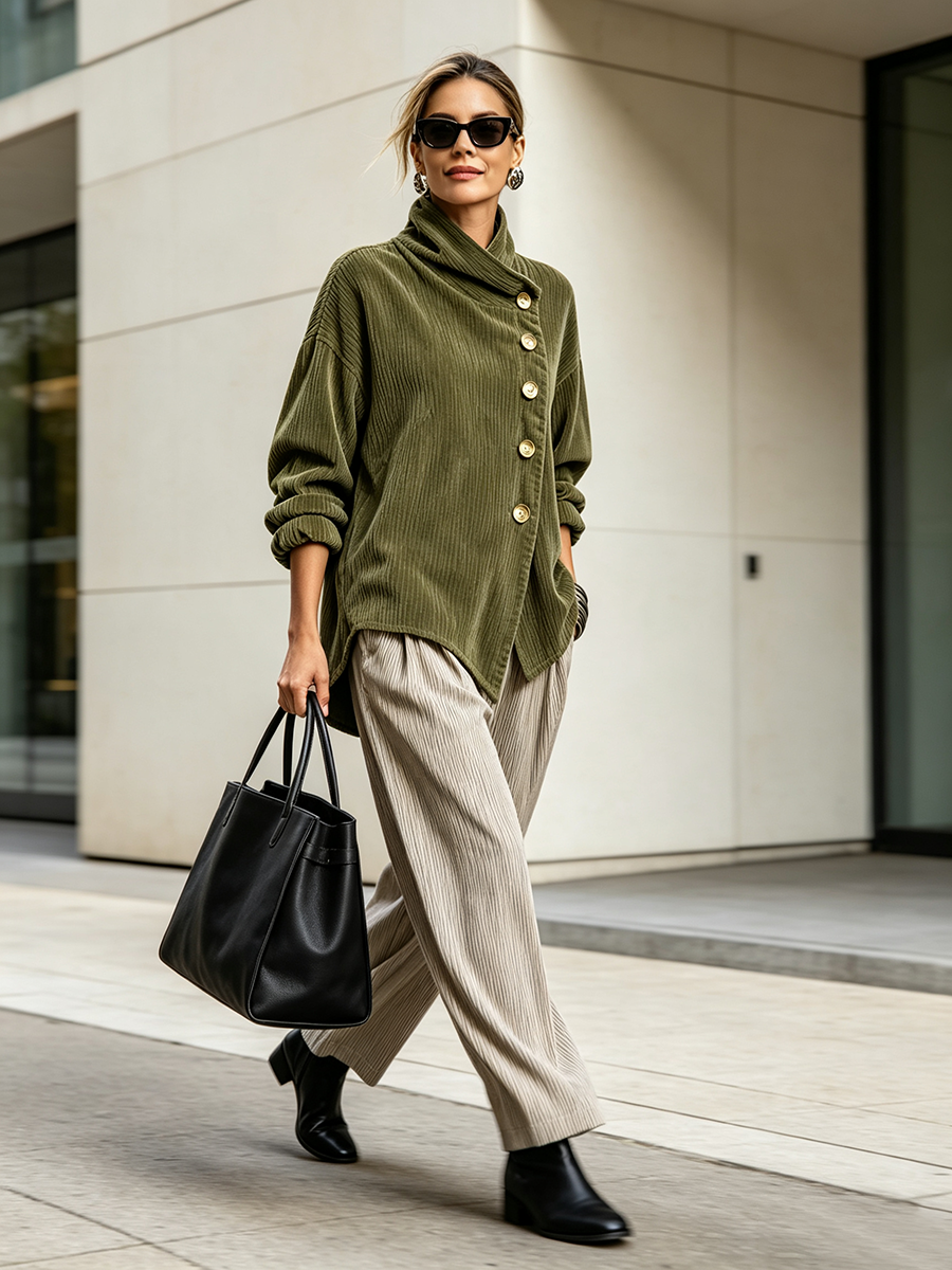 Hel figur: model går udendørs i sweateren med beige vidde bukser, sorte støvletter, solbriller og en stor sort taske. 4