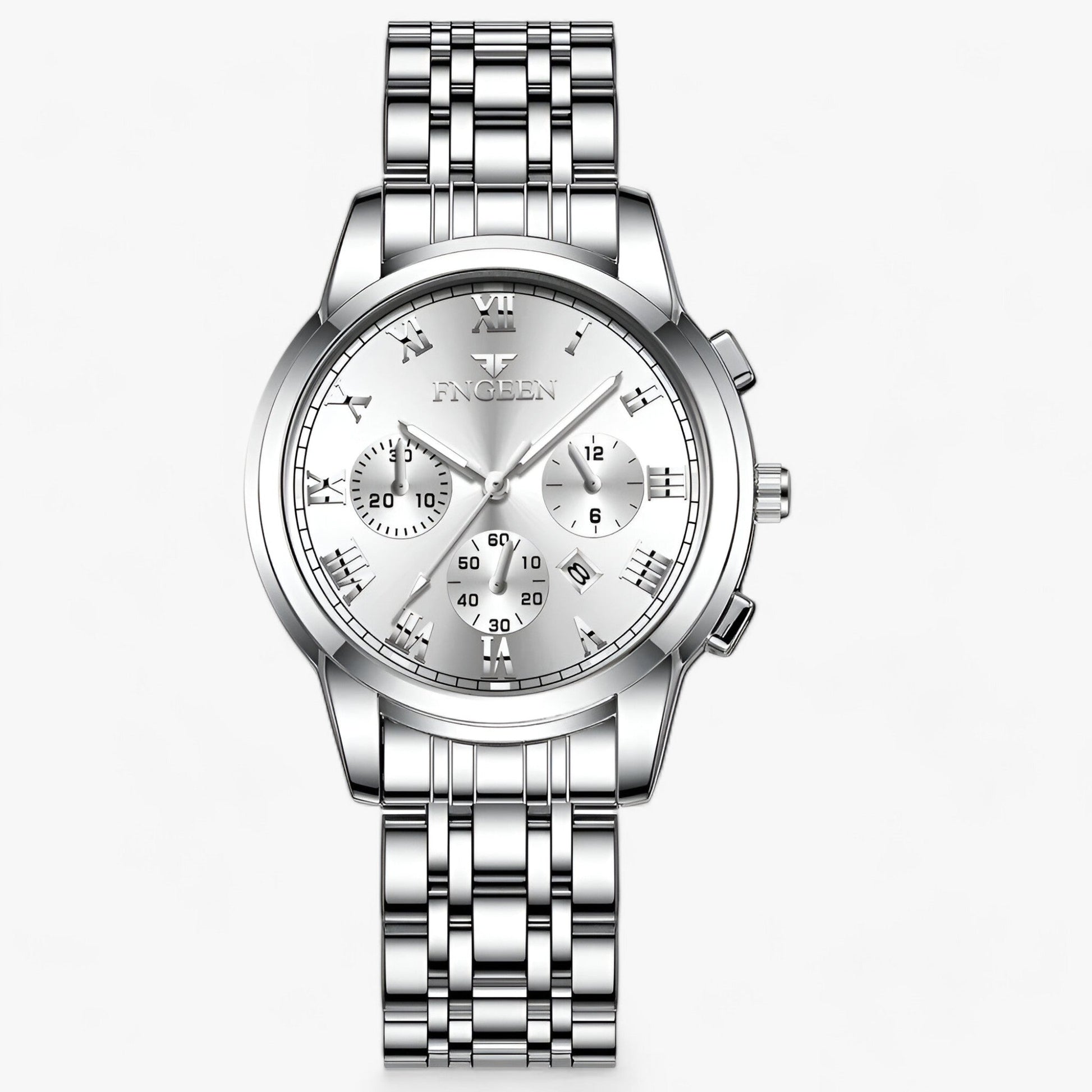 Silberne Edelstahl-Armbanduhr mit Chronograph, römischen Ziffern und Gliederarmband.