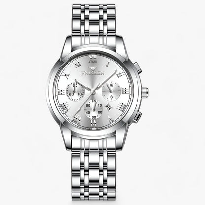 Silberne Edelstahl-Armbanduhr mit Chronograph, römischen Ziffern und Gliederarmband.
