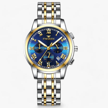 Luxus Herrenarmbanduhr, Edelstahl, blaues Zifferblatt, goldene Details, Chronograph, FNGEEN.