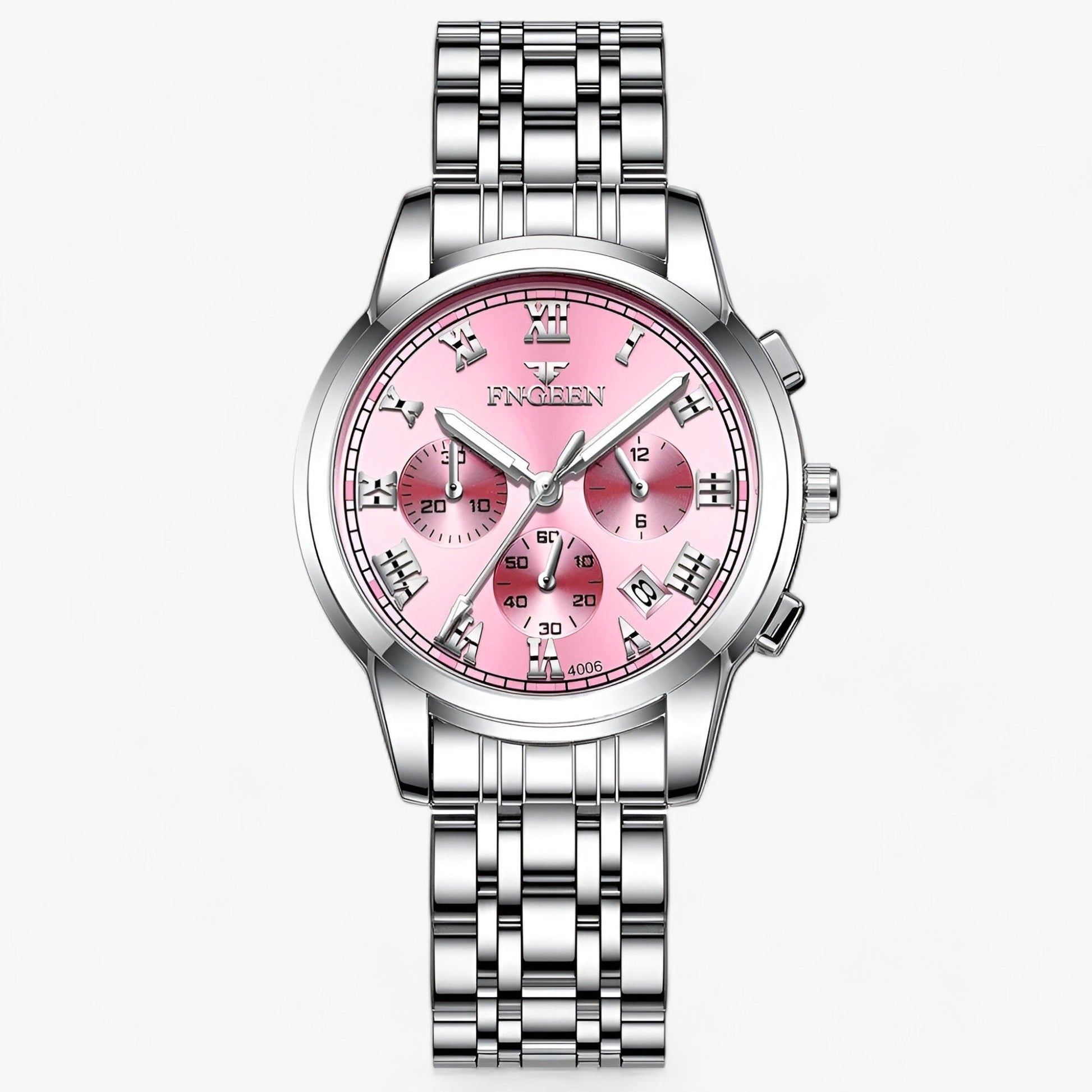 Silberne Edelstahl-Armbanduhr mit rosa Zifferblatt, Chronograph, Herrenuhr, elegant, modern.