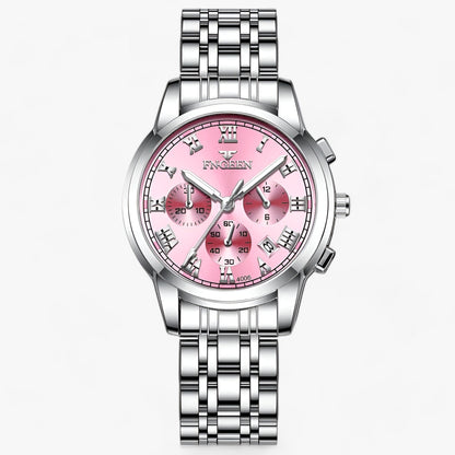 Silberne Edelstahl-Armbanduhr mit rosa Zifferblatt, Chronograph, Herrenuhr, elegant, modern.