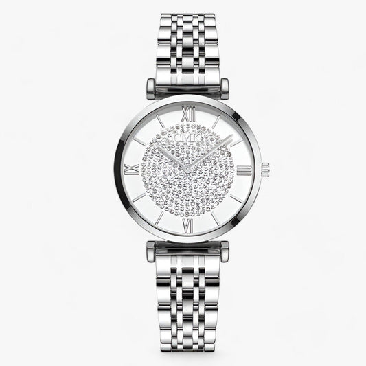 Silberne Damenarmbanduhr mit Strasssteinen, römischen Ziffern und Metallarmband.
