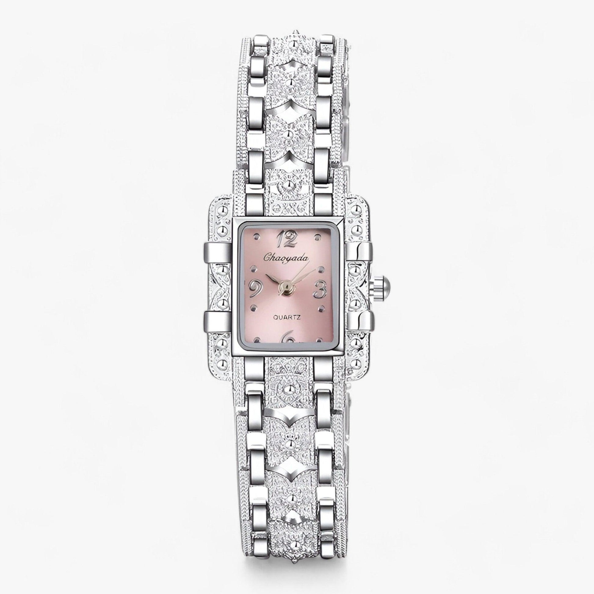 Luxus Damenarmbanduhr, silber, rechteckiges Zifferblatt, Strasssteine, elegant, modisch.