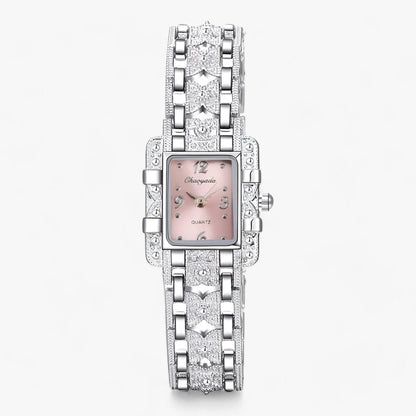 Luxus Damenarmbanduhr, silber, rechteckiges Zifferblatt, Strasssteine, elegant, modisch.