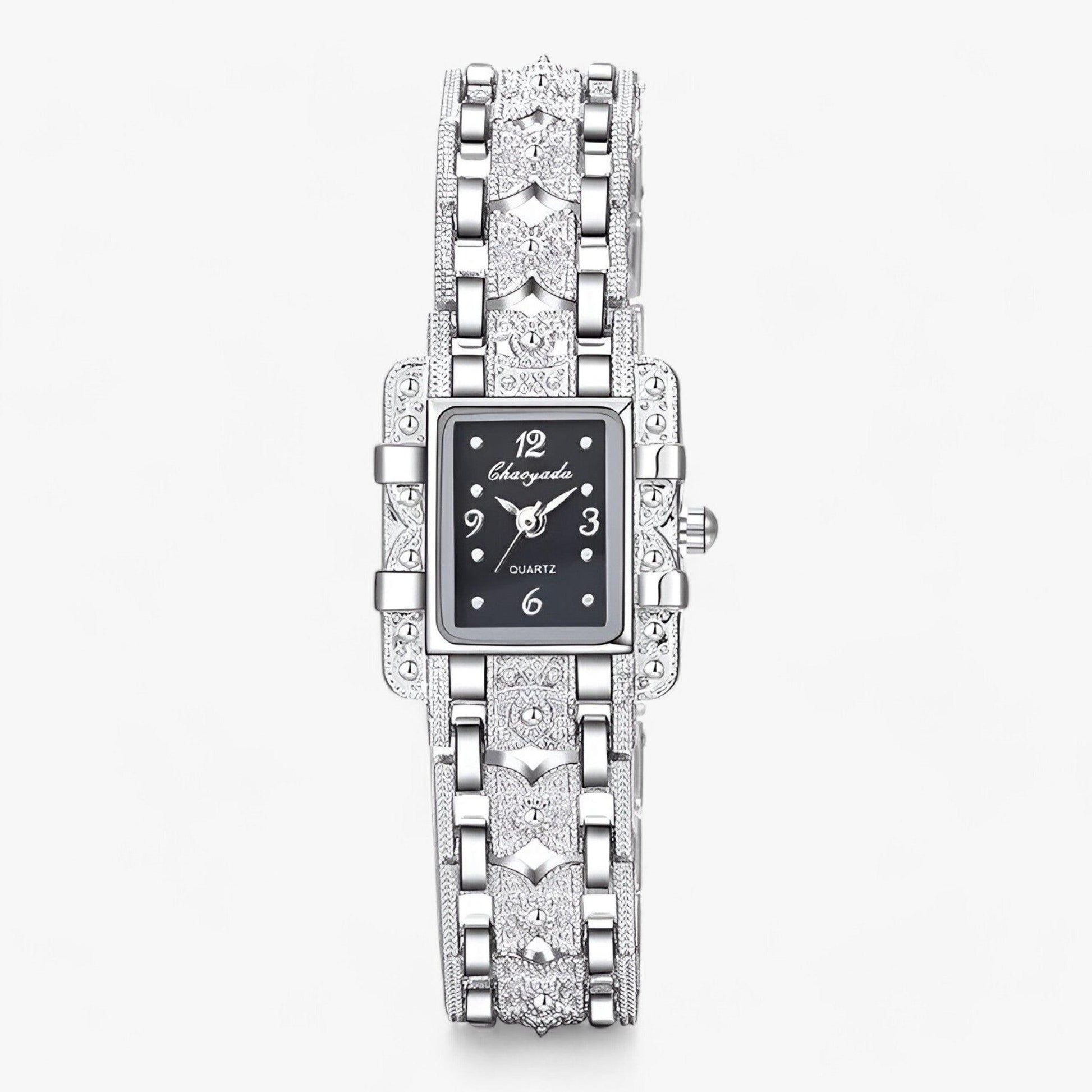 Silberne Damenarmbanduhr mit rechteckigem Zifferblatt, Quarzwerk, elegantes Design.
