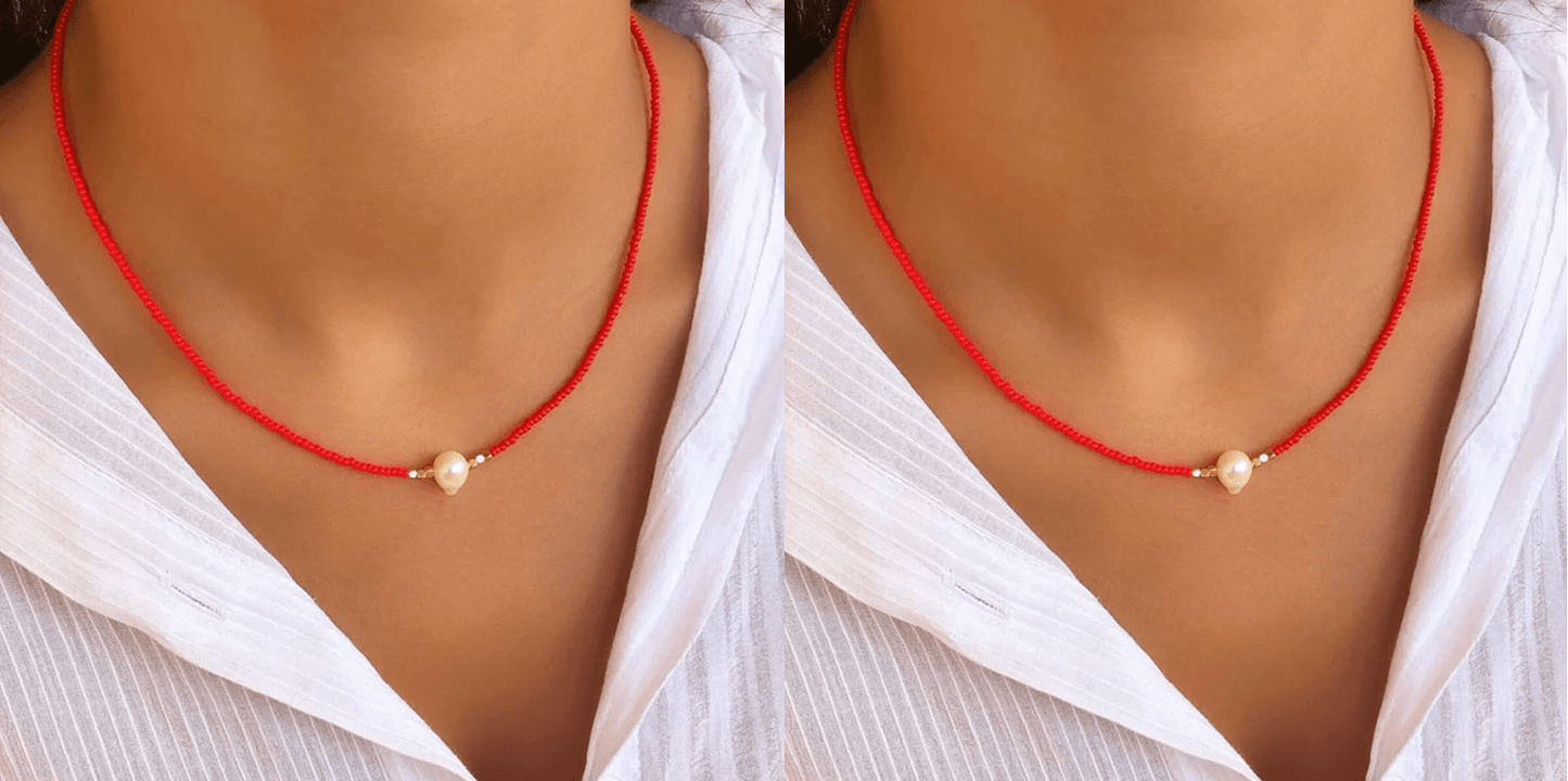 Rote Halskette mit natürlicher Perle, eleganter Schmuck, Damenmode, Accessoire, Geschenkidee.