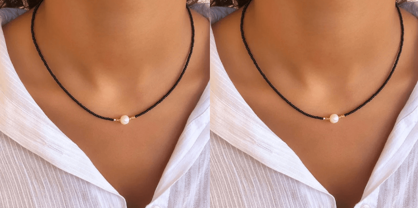 Doppelte schwarze Halskette mit natürlichen Perlen, elegantes Design, Damenmode-Schmuck.