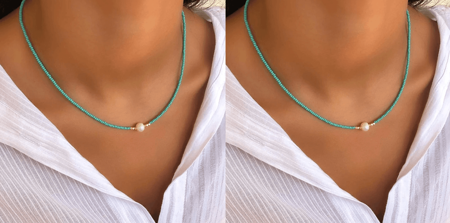 Türkisfarbene Halskette mit natürlicher Perle, eleganter Schmuck, Damenmode.