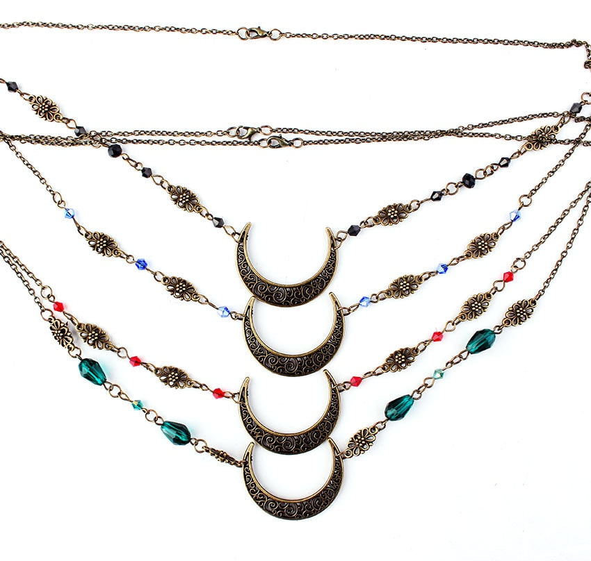 Vintage Halskette mit Halbmond-Anhänger, mehrfarbige Perlen, Boho-Stil, Damen-Schmuck.