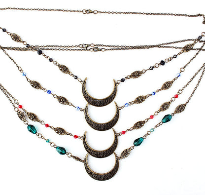 Vintage Halskette mit Halbmond-Anhänger, mehrfarbige Perlen, Boho-Stil, Damen-Schmuck.