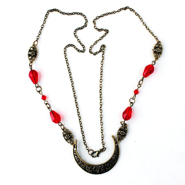 Antike Halskette mit roten Perlen, bronzefarben, florales Design, Modeschmuck für Damen.