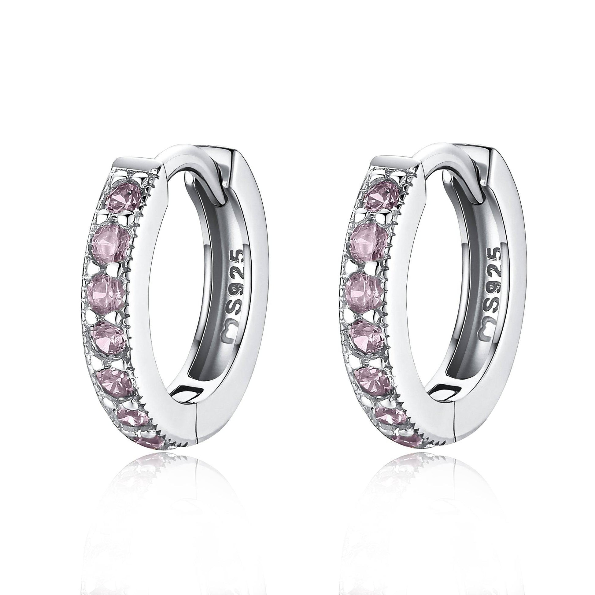 Silberne Creolen mit rosa Kristallen, 925 Sterling Silber Ohrringe, eleganter Schmuck.