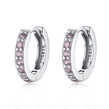 Silberne Creolen mit rosa Kristallen, 925 Sterling Silber Ohrringe, eleganter Schmuck.