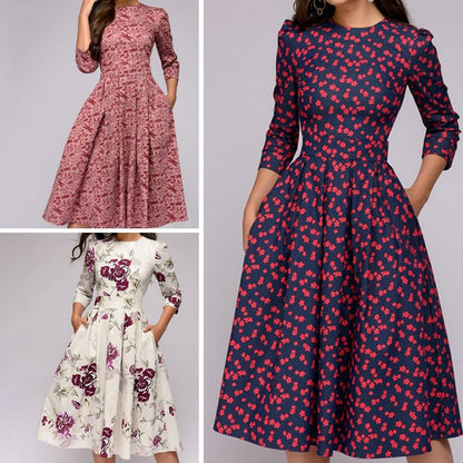 Retro kjole med efterårsblomsterprint – Florina