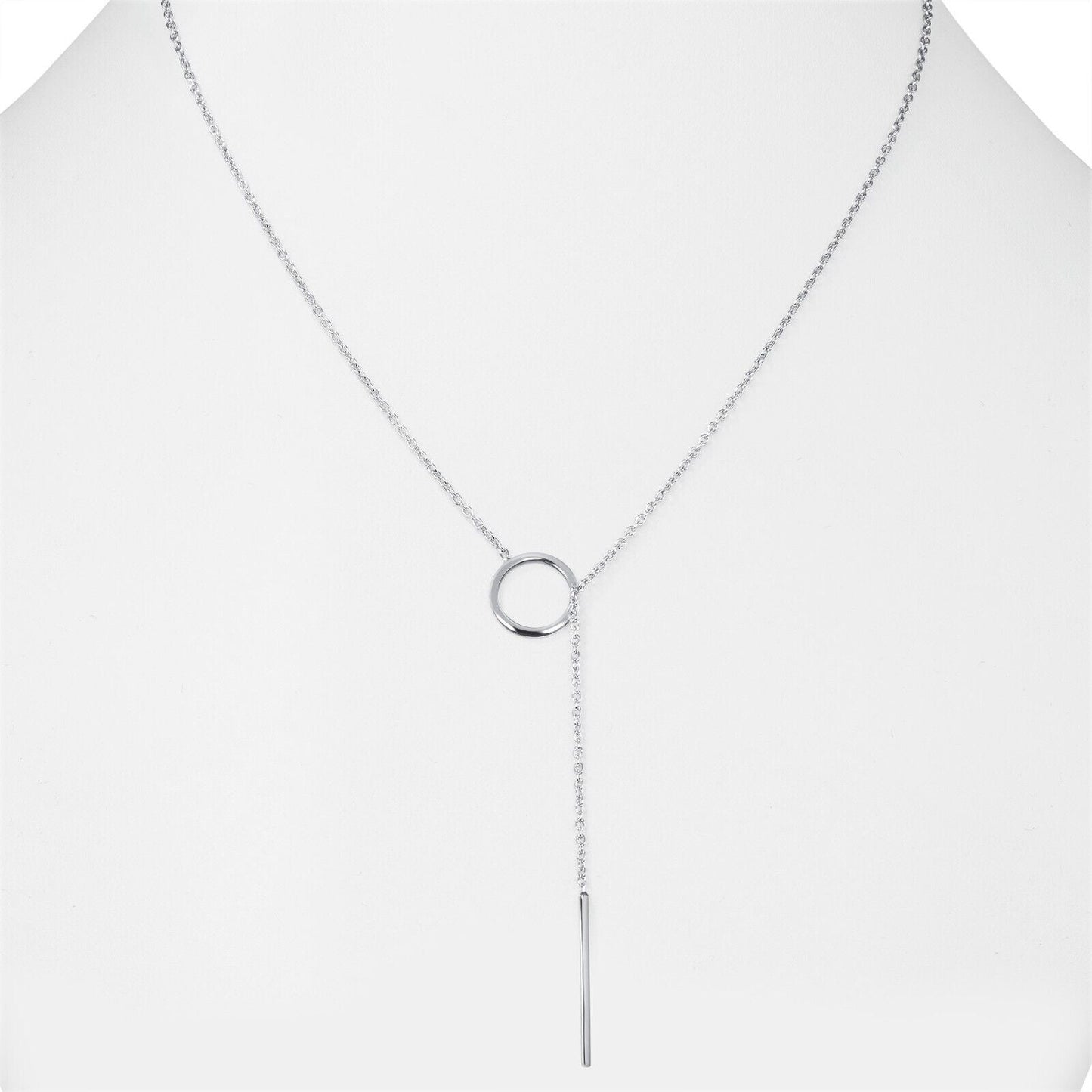 Silberne Y-Halskette mit Kreis- und Stabanhänger, minimalistisches Schmuckdesign.