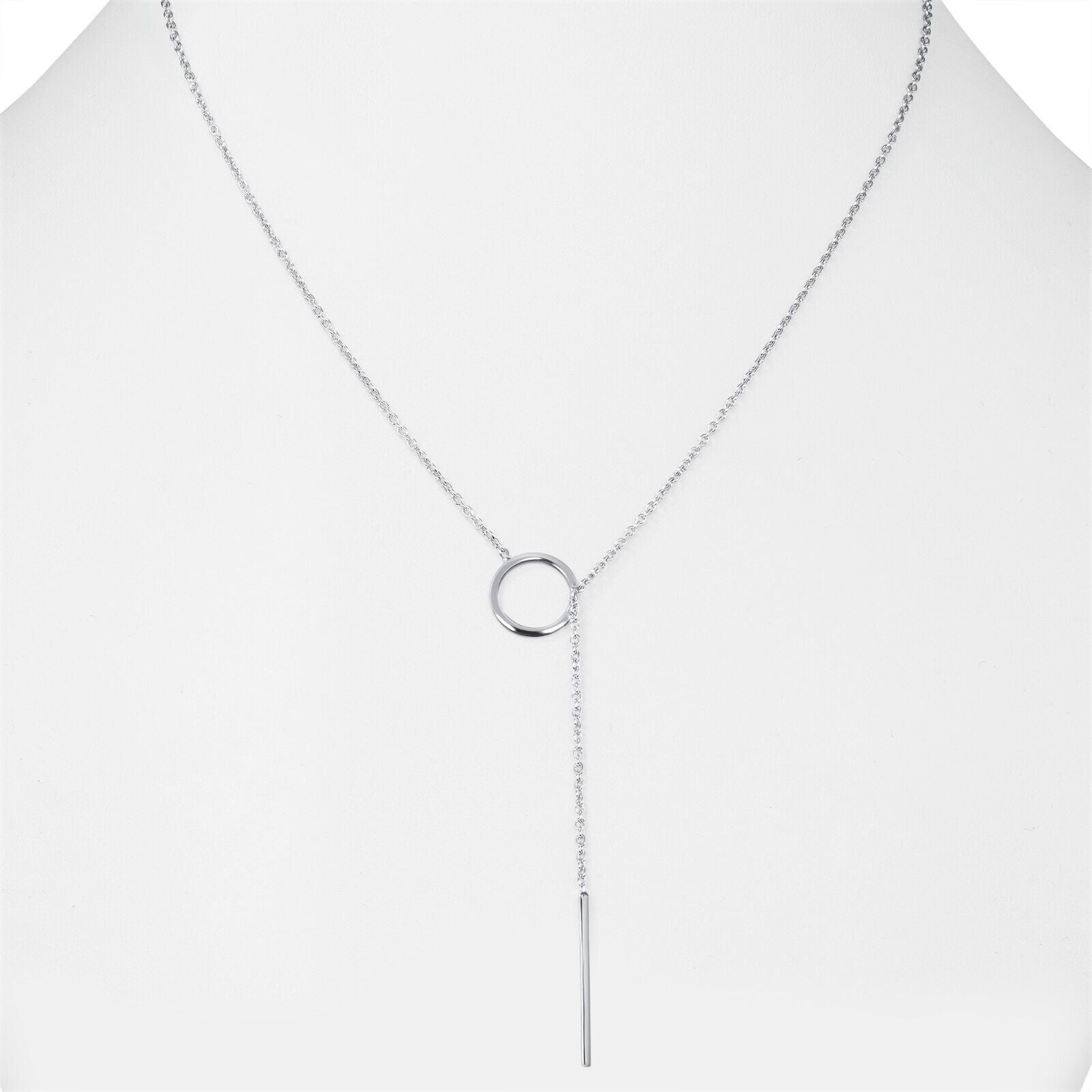 Silberne Y-Halskette mit Kreis- und Stabanhänger, minimalistisches Schmuckdesign.