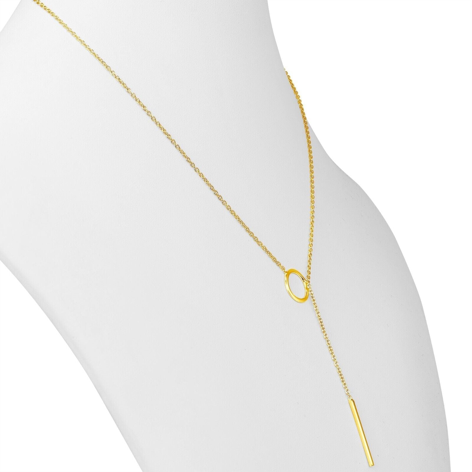 Goldene Y-Halskette mit Ring und Stabanhänger, elegantes Schmuckdesign für Damen.