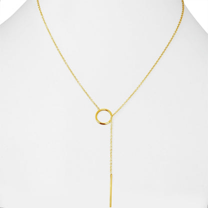 Goldene Y-Halskette mit Kreis- und Stabanhänger, eleganter Schmuck für Damen.