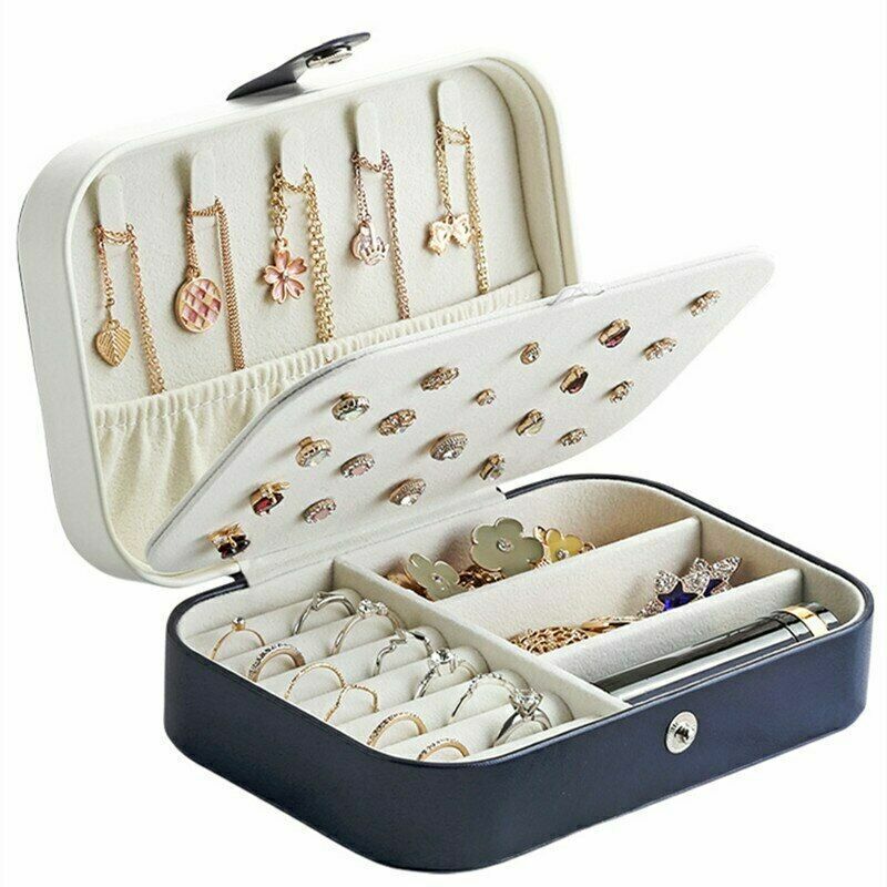Schmuckkästchen aus Leder, schwarz, mit Fächern für Ringe, Ohrringe, Ketten, tragbar, elegant.