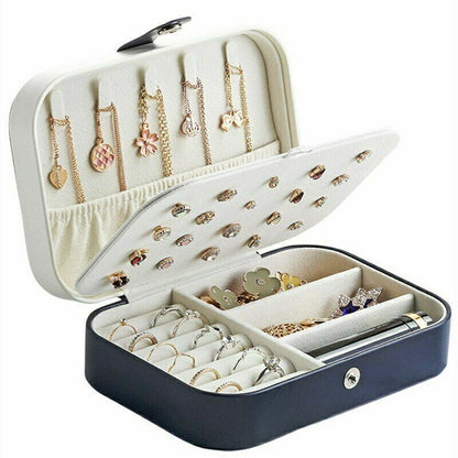 Schmuckkästchen aus Leder, schwarz, mit Fächern für Ringe, Ohrringe, Ketten, tragbar, elegant.
