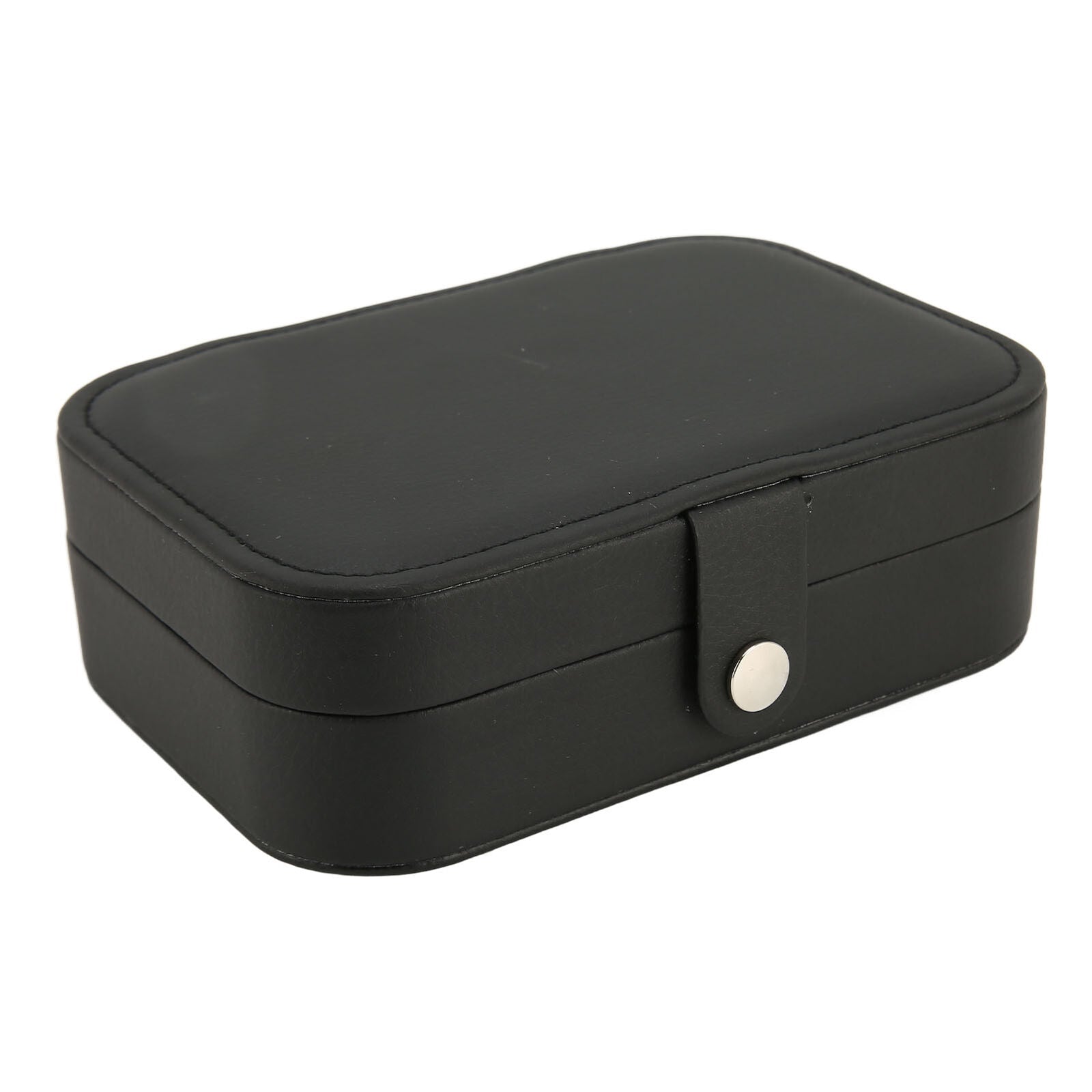 Schwarze Leder-Schmuckbox mit Druckknopfverschluss, rechteckig, elegant, Aufbewahrung.