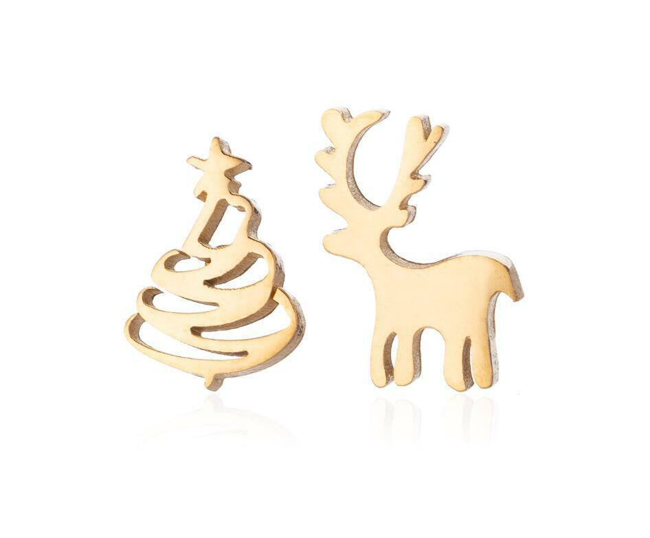 Goldene Weihnachtsbaum und Rentier Ohrringe, festlicher Schmuck, Modeschmuck, Geschenkideen.