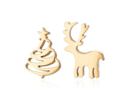 Goldene Weihnachtsbaum und Rentier Ohrringe, festlicher Schmuck, Modeschmuck, Geschenkideen.