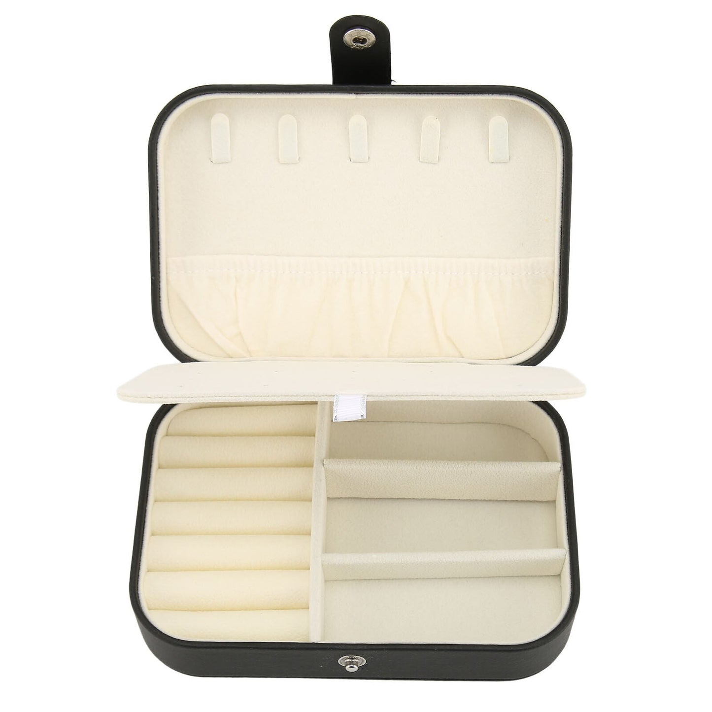 Schwarze Schmuckbox aus Leder mit Fächern und Ringrollen, tragbar, ideal für Reisen.