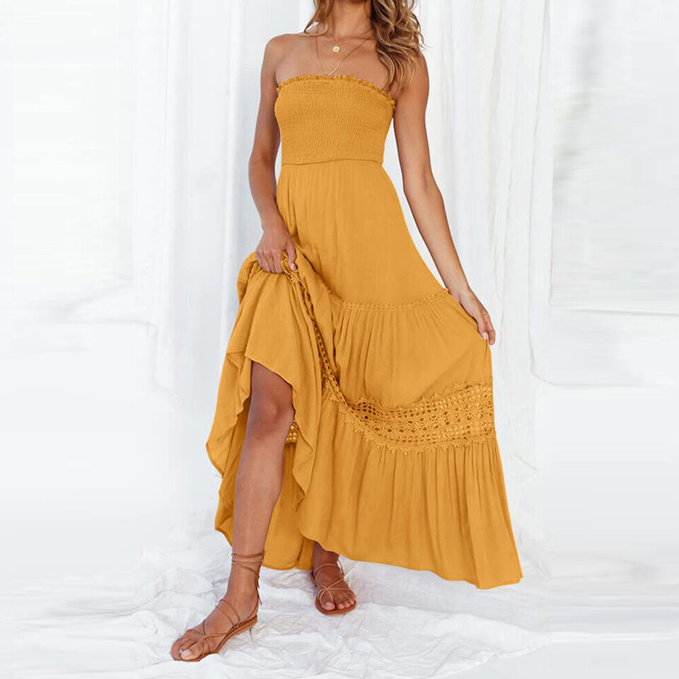 Off-shoulder maxikjole med blondedetaljer – Isaline