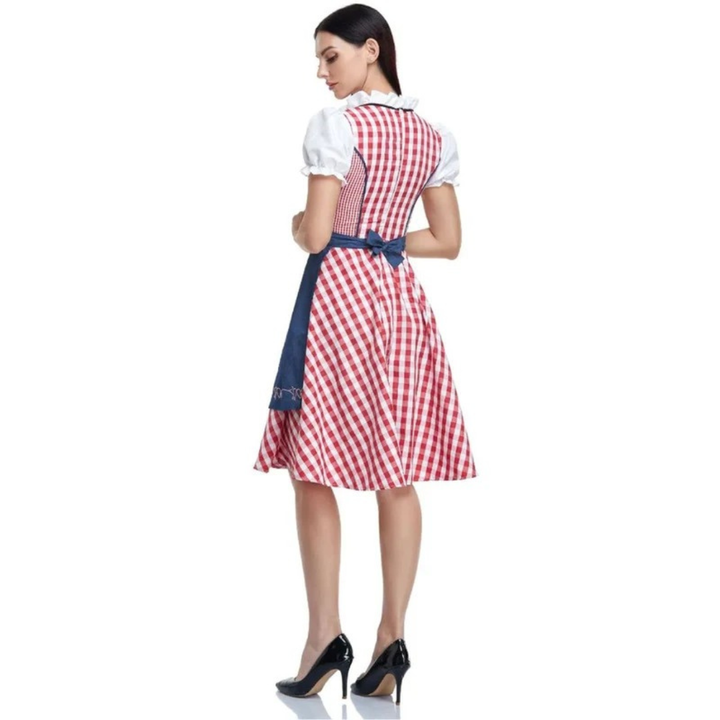 Dirndl med blåt forklæde set bagfra: rød-hvid ternet ryg og skørt, forklædets sløjfe bundet i taljen. 8