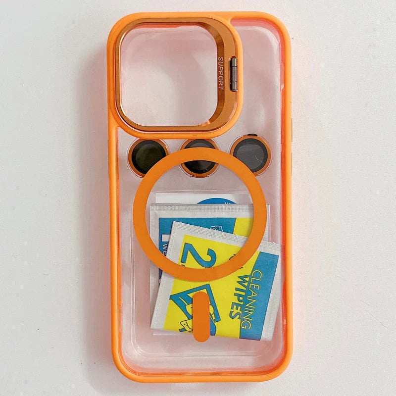 Stødabsorberende magnetisk telefonetui med glaslinsebeskytter og stativ