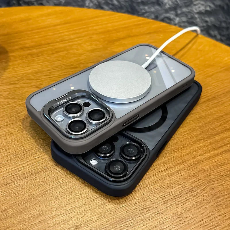 Stødabsorberende magnetisk telefonetui med glaslinsebeskytter og stativ