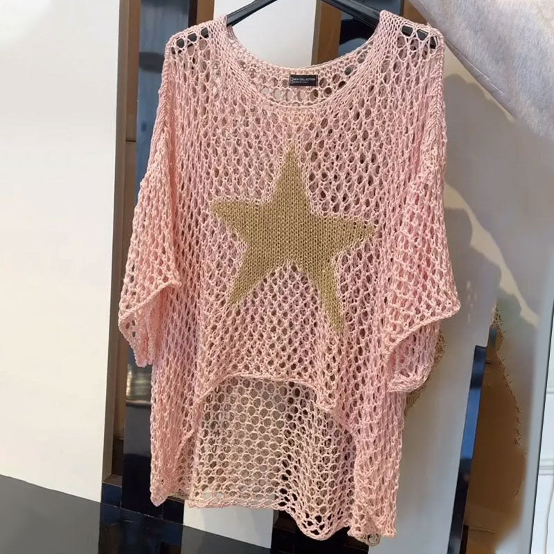 Strikket netbluse med rund hals & hæklemønster – Noelle