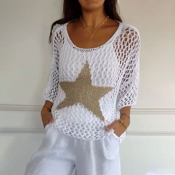 Strikket netbluse med rund hals & hæklemønster – Noelle