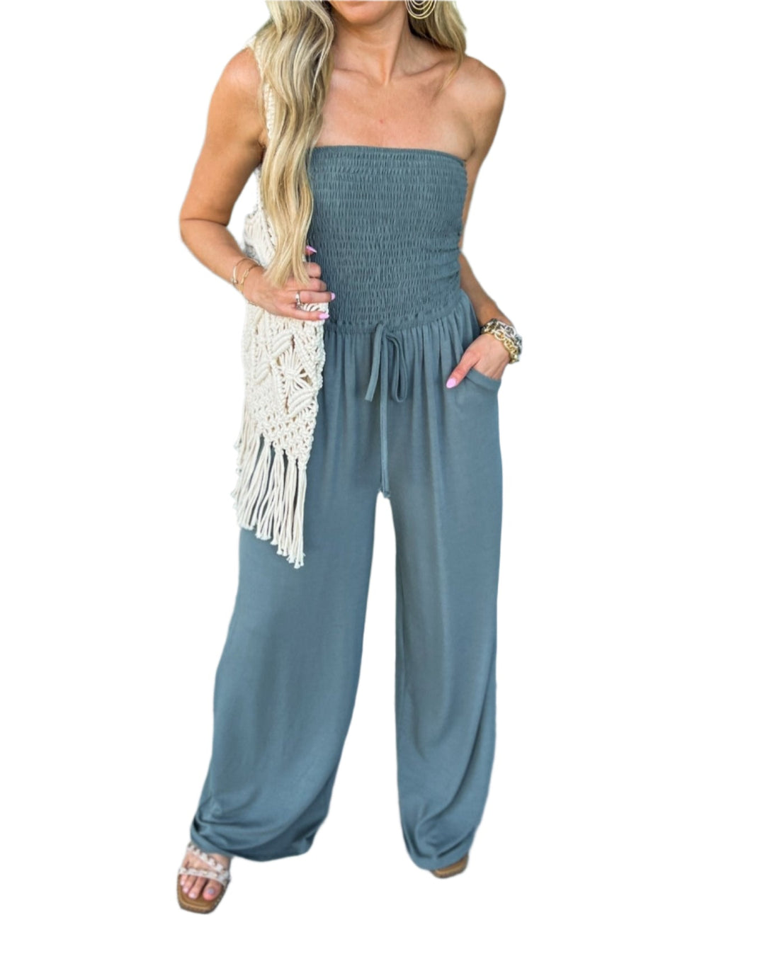 Sommer-jumpsuit med bare skuldre og brede ben – Camila
