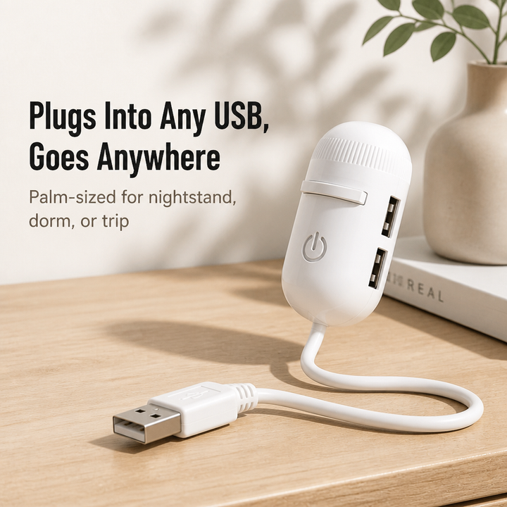 Den hvide kapselformede lampe med bøjeligt kabel og USB-stik på et lyst træbord, to USB-porte synlige på siden. 2
