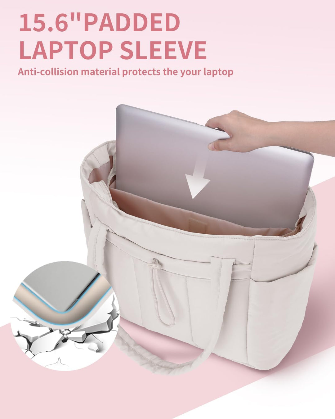Polstret puffer-taske med kopholder og laptoplomme til rejser og arbejde